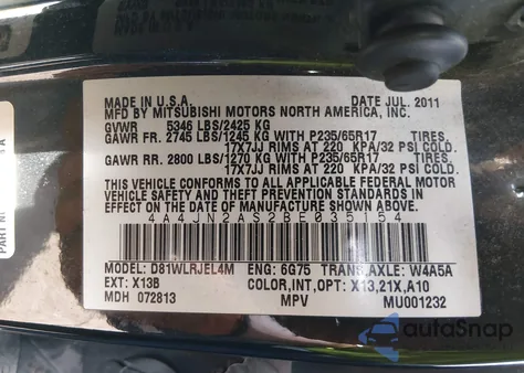 2011 Mitsubishi Endeavor z USA, uszkodzony, nr VIN 4A4JN2AS2BE035154